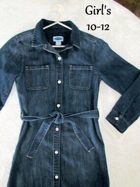 GIRL'S DENIM DRESS, L 10-12, OLD NAVY BUTTON-FRONT LONG SLEEVE, PLAY, FESTIVAL